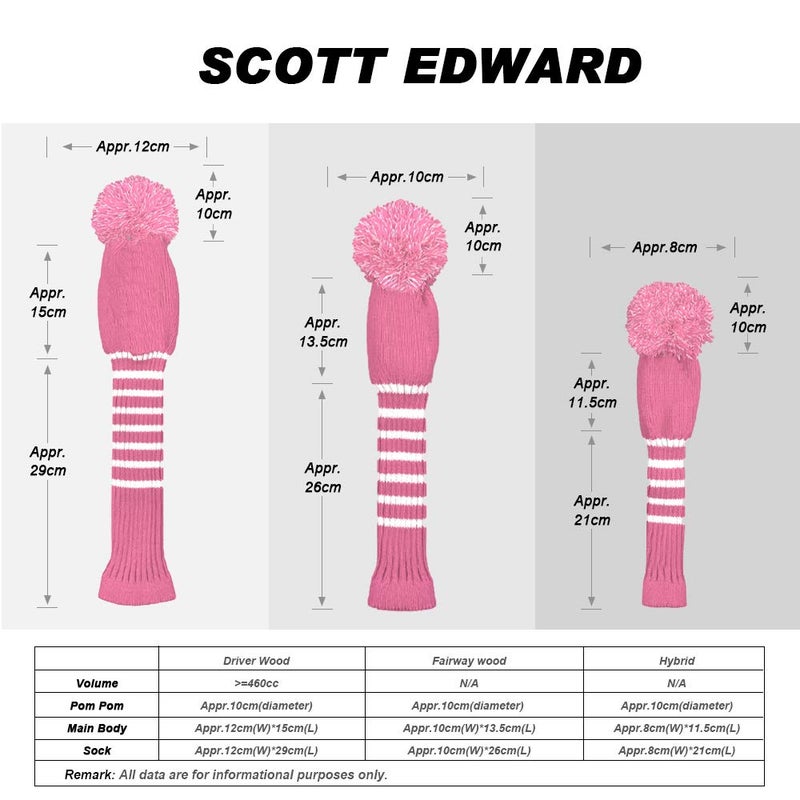 Scott Edward غطاء مضارب جولف سكوت إدوارد بخطوط وردية وبيضاء مجموعة من 5 تناسب السائق الخشبي (460cc)*1، الخشب فيرواي*2، والهجين (UT)*2، (خطوط وردية وبيضاء) - Image 3